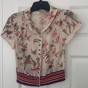 Anthropologie Moth lightweight bird print cropped cardigan sz L ASO Dr Horrible